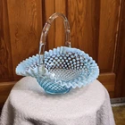Vintage FENTON AQUA BLUE OPALESCENT HOBNAIL   HANDLED RUFFLED BASKET Read
