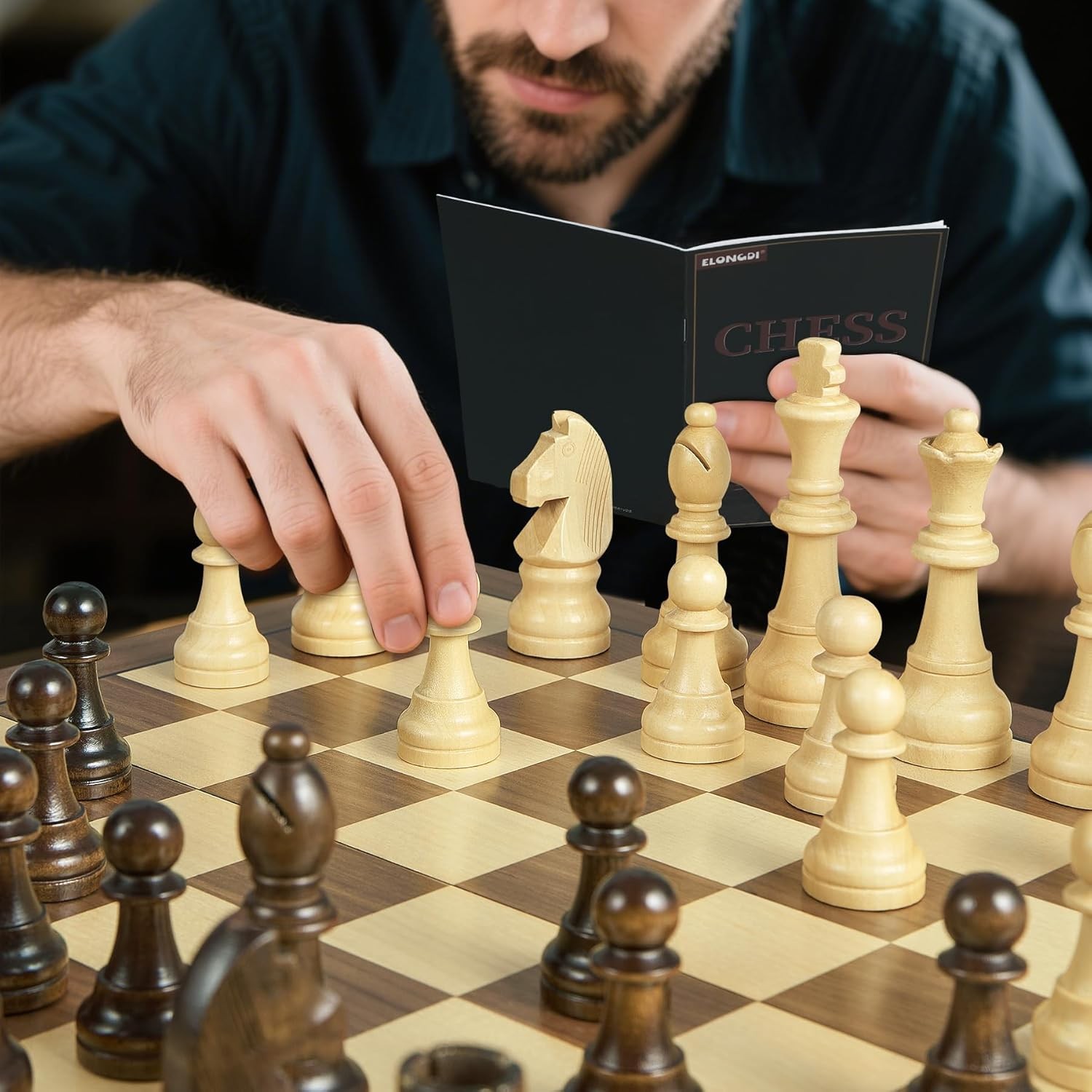 18.5in Folding Wooden Chess Set w/ Handle Large 4.5in King Extra Queens Storage