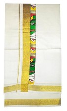 Mens Print with Gold Jari Border 100 Cotton Cream Dhoti 4 Meters