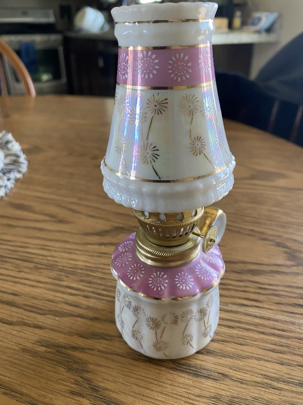 Vintage Miniature Oil Lamp Pink Painted Porcelain Dandelion Flowers!