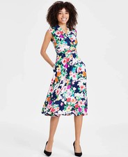 Jessica Howard Women Blue White Sleeveless Floral Fit & Flare Dress 16W 20W 22W