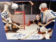 Boston BRUINS Gerry CHEEVERS #30 TRIES to STOP L. Patey SIGNED by BOTH 8X10 COA