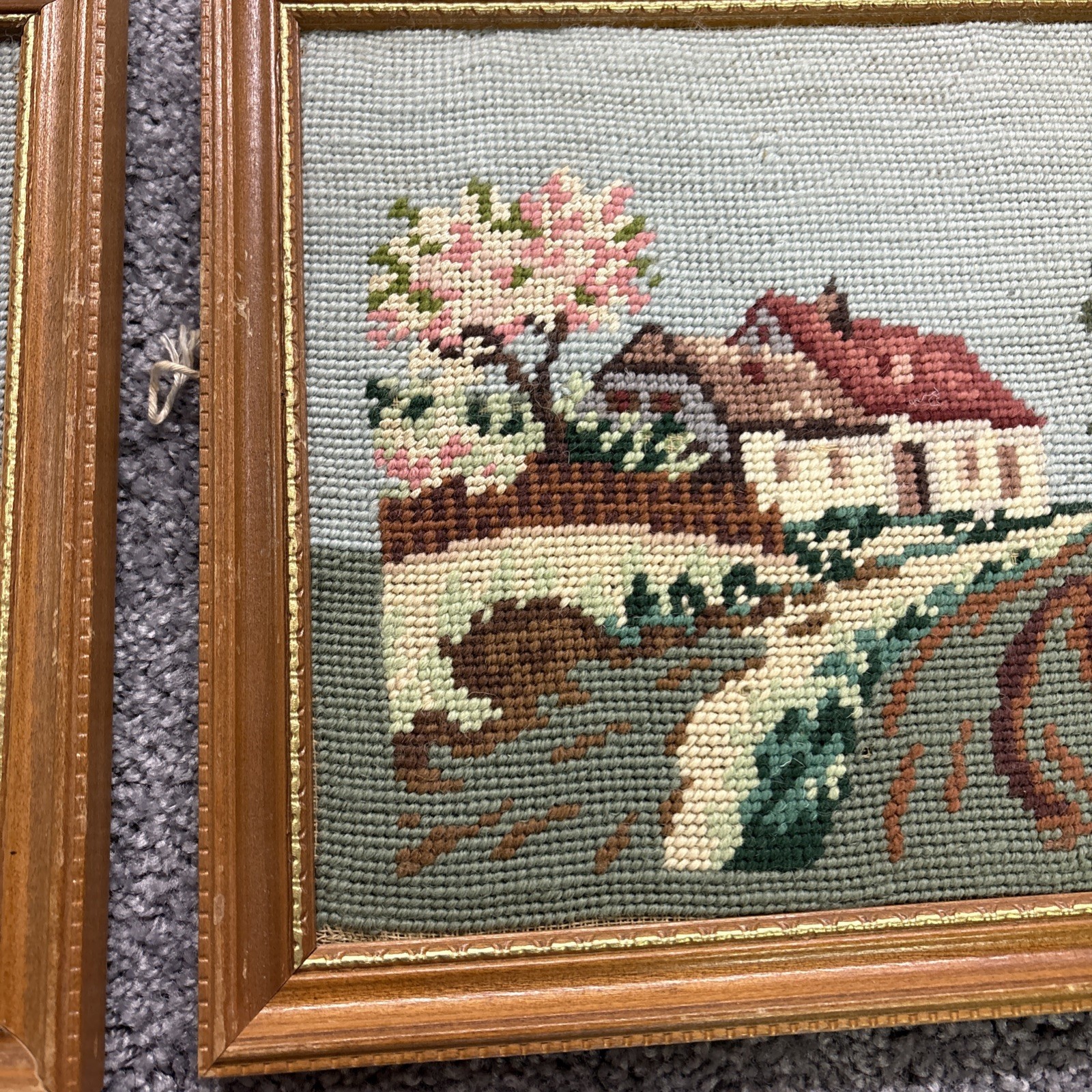 Four Season Needlepoint 11” Framed Pictures Winter Spring Summer Fall Signed