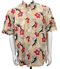 Vintage 90s Hawaiian Shirt Crossings Marlin Sailboat Hibiscus Aloha Large Cotton