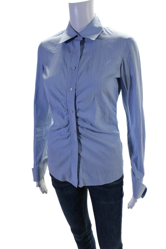 Pink Womens Long Sleeve Collared Button Down Striped Shirt Blue Size 6 - Image 2 of 4