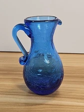 Vintage Blue Crackle Glass Pitcher Vase Creamer 5” Inches Tall