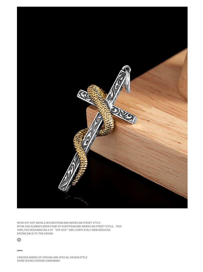 Vintage 925 Sterling Silver & Brass Snake Cross Pendant Gothic