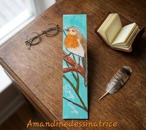 Rougegorge marque page  oiseau unique Bookmark collector peinture acrylique 