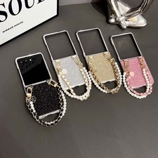 For Samsung Galaxy Z Flip 3/4/5/6/7 Slim PC Case Glitter Cover with Chain Strap