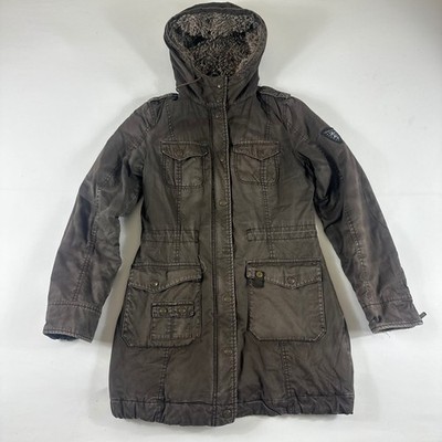 VTG Esprit de Corps Size XS Dark Brown Hooded Parka Jacket Faux Fur Pockets