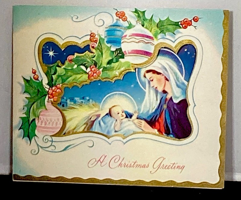 Mother Baby Jesus Bethlehem Cutaway  Holly Gold Accents Vintage Christmas Card