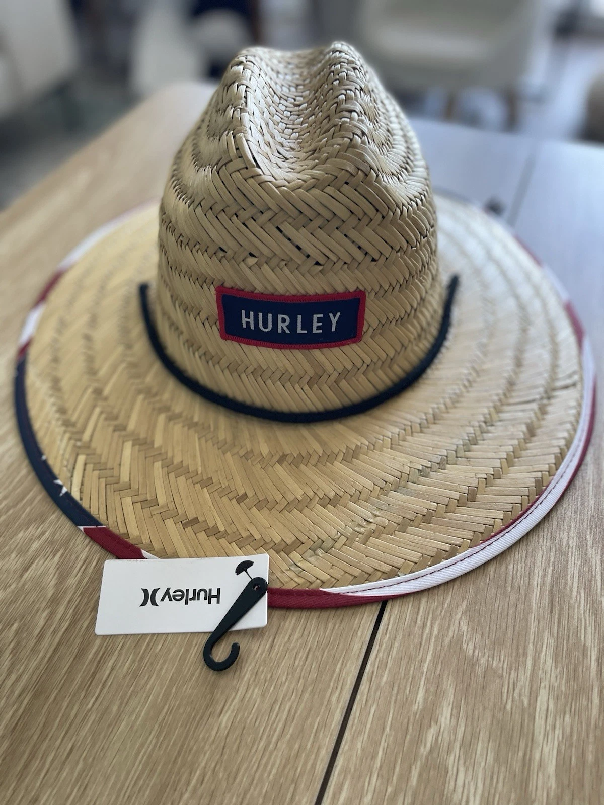 HURLEY BAYSIDE STRAW LIFEGUARD HAT RED WHITE BLUE USA FLAG Beach Pool Sun