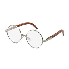 Vintage Large Round Clear Tint Silver Lens Wood Frame Retro Hip Hop Glasses