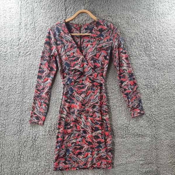 FRENCH CONNECTON Womens Dress Size 6 Red Blue Stretch Knit Long Sleeve V-Neck