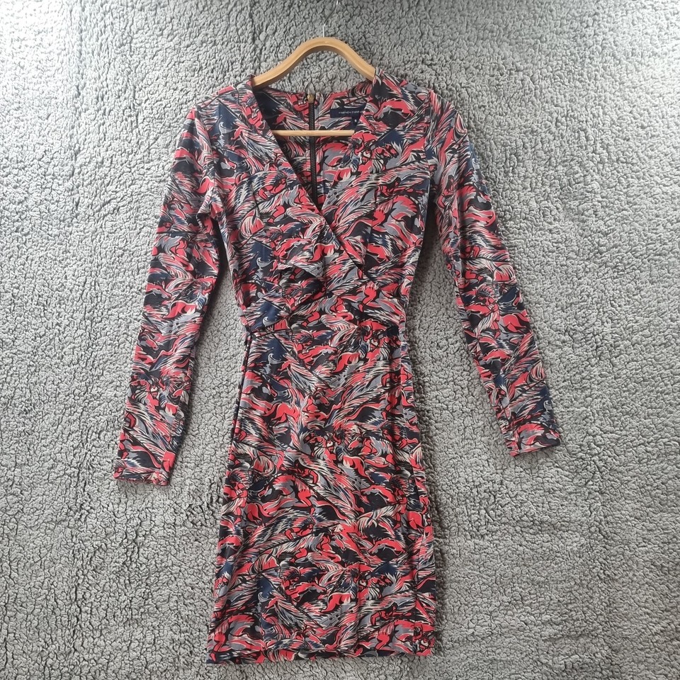 FRENCH CONNECTON Womens Dress Size 6 Red Blue Stretch Knit Long Sleeve V-Neck