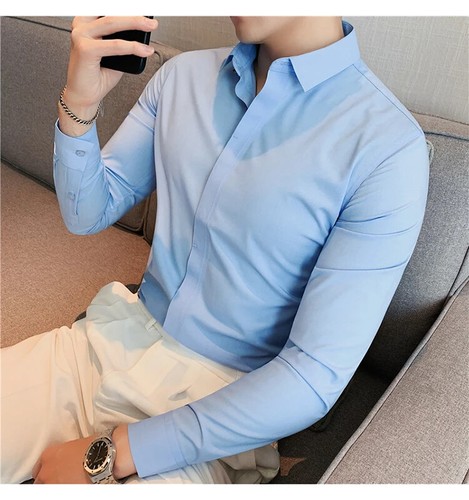 Herren Langarm Hemd Anti-Falten Weich Freizeit Elastisch Slim Fit Männerbekleidung - Bild 11 von 29