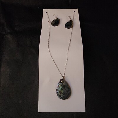 Artisan Crafted Abalone Pendant Necklace And Ear Rings Set Teardrop Silver Tone 