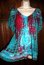 Greater Good boho hippy top  L turquoise aqua resort beachy tie dye flowy gauzy