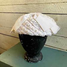 60s White formal straw raffia hat bow wedding grosgrain ribbon