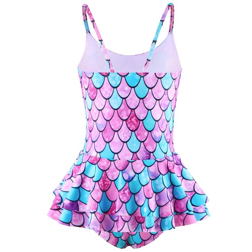 Kids Girls Swimmsuits Fish Scales Print Swimwear Tiered Skirt Bodysuit Mermaid - Picture 19 of 43