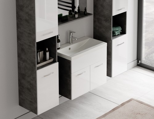 Badezimmer Badmöbel Set Montreal XL 60cm Waschbecken Grau mit Hochglanz Weiß - U - Bild 5 von 5