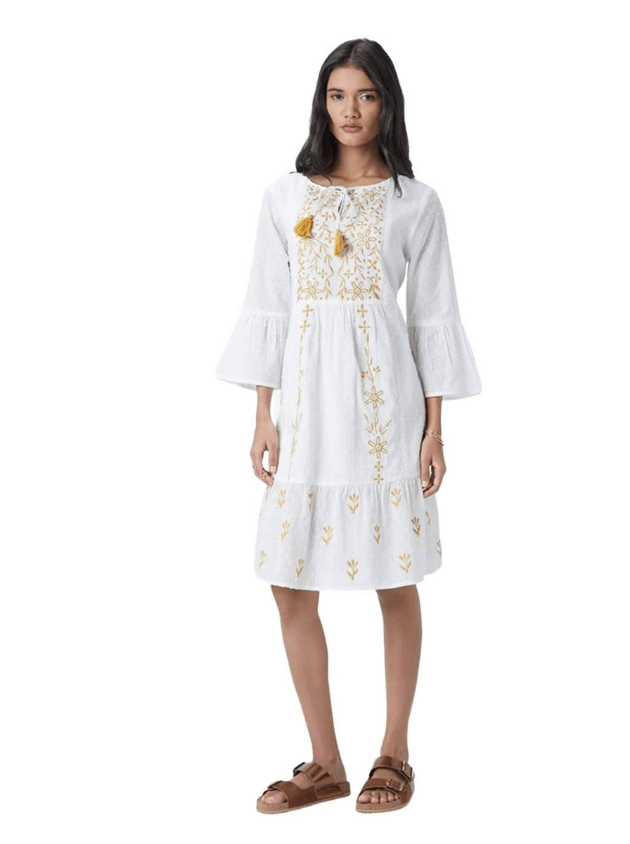 LOV Women's Off-White Cotton & Gold Floral-Embroidered Dress View 2