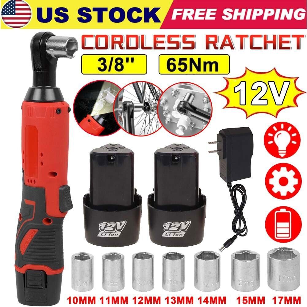 Electric Cordless Ratchet 3/8" Right Angle Wrench Impact Power Tool + 2 Battery