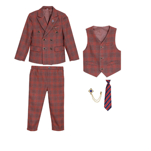 Children's Wedding Performance Party Dress Suit Set Boys Plaid Blazer Vest Pants - Picture 23 of 25