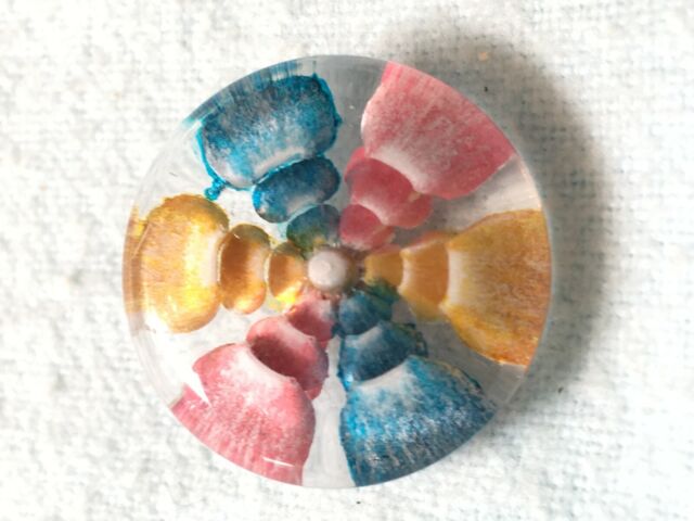 Vintage lucite button metal loop shank clear reverse carved & painted Vintage lucite button metal loop shank clear reverse carved & painted