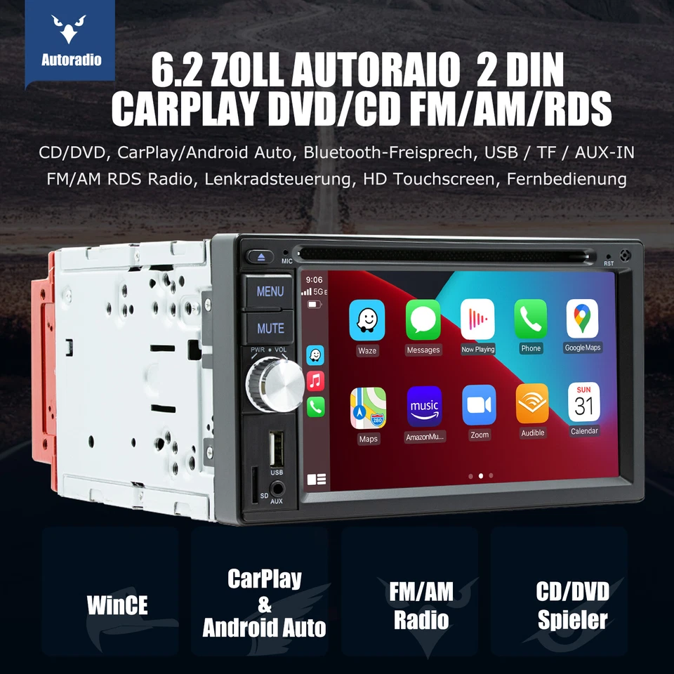 CD DVD Autoradio RDS 3USB Bluetooth Doppel 2 DIN Carplay Android Auto Mit Kamera - Bild 2 von 4