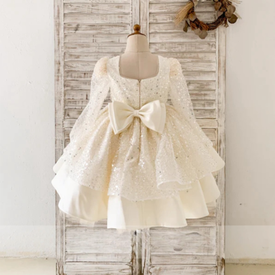 Exquisite Square Collar Flower Girl Dress Sequin Baby Birthday Party Gowns 