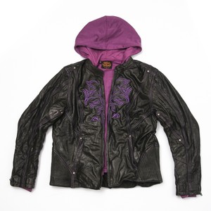 3X-Large Milwaukee Leather ML2067 Womens 3/4 Black and Purple Leather Hoodie Jacket with Reflective Tribal Design 3X-Large Milwaukee Leather ML2067 Womens 3/4 Black and Purple Leather Hoodie Jacket with Reflective Tribal Design
