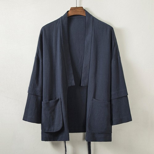 Giacca Kimono Uomo Giapponese Lino Cardigan Top Baggy Cappotto Casual Cappotto Accappotto Abbigliamento - Foto 9 di 9