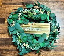 Green Artificial Eucalyptus Wreath with Welcome Sign 20in Mixed White Berries