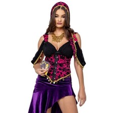Fortune Teller Gypsy Costume Corset Top Skirt Head Scarf Coin Trim Psychic 6210