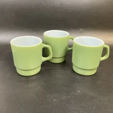 3 Anchor Hocking Green Oven-Proof Stackable Mugs/Cups 1960s VTG Made in USA