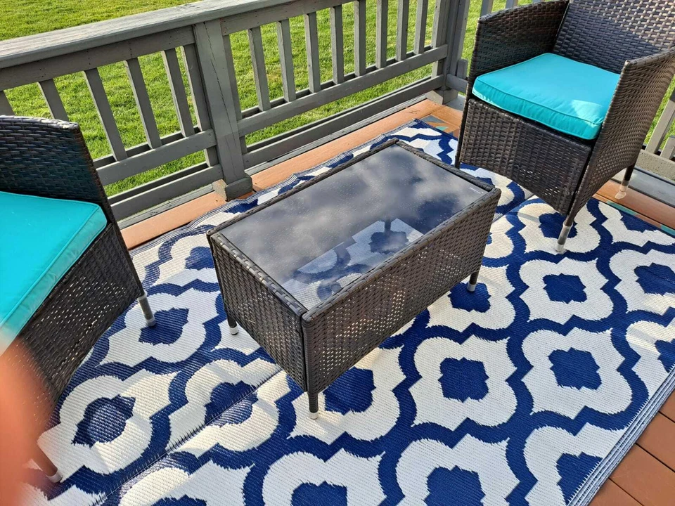 patio rugs 2Pk 5x7 Blue Outdoor Plastic Straw mats Rv camper picnic reversible - Image 4 of 4