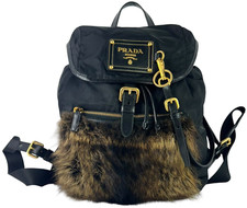 PRADA Milano Black Nylon Real Fur Drawstring Women's Backpack Made in Italy