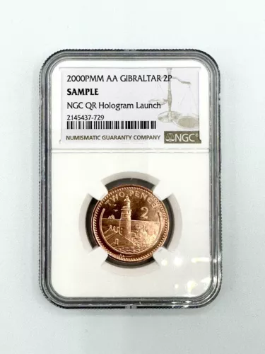 2000PMM AA Gibraltar 2 Pence NGC Sample Slab BU, NGC QR HOLOGRAM LAUNCH 2023 ANA
