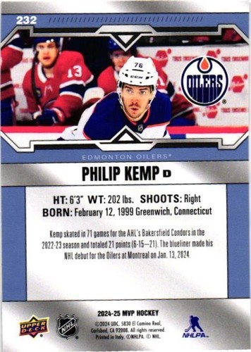 Philip Kemp - Edmonton Oilers -ROOKIE- 2024-25 Upper Deck MVP #232 - Picture 2 of 2