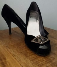 STUART WEITZMAN Size 5.5 M Black Velvet with Gemstones Shoes Heels Peep Toes