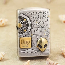 Zippo Armor Lighter Alien UFO Design Smoked Silver Collectible 115 Uup
