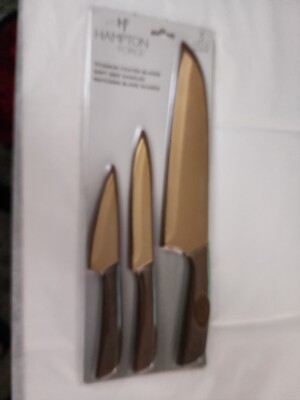 Hampton Forge Titanium 3pc Knife Set Matching Blade Guards Soft Grip Handles