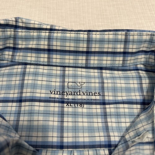 Vineyard Vines Shirt Boys Youth XL 18 Performance Blue Plaid Button Down Whale - Picture 6 of 6