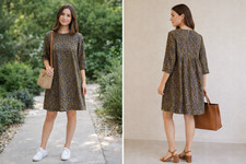 Navy Mustard Floral A Line Dress Pleated Back Minimalist Vintage Inspired  Sz-12