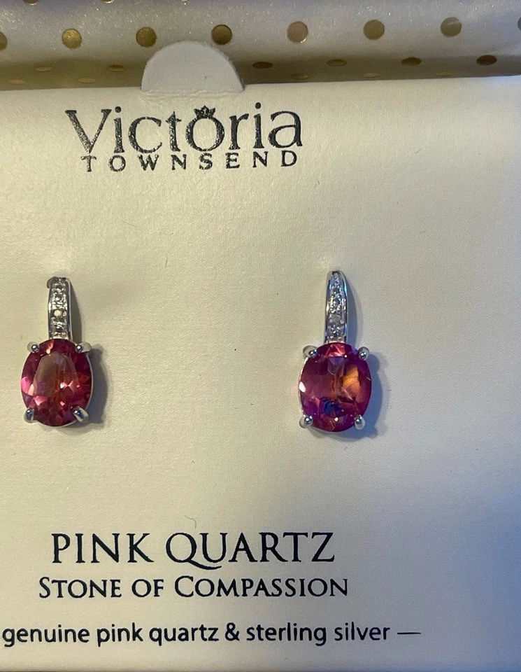 Pendientes colgantes y anillo de plata de ley de cuarzo rosa genuino y diamantes ~ ¡NUEVO EN CAJA! Foto 2 de 4