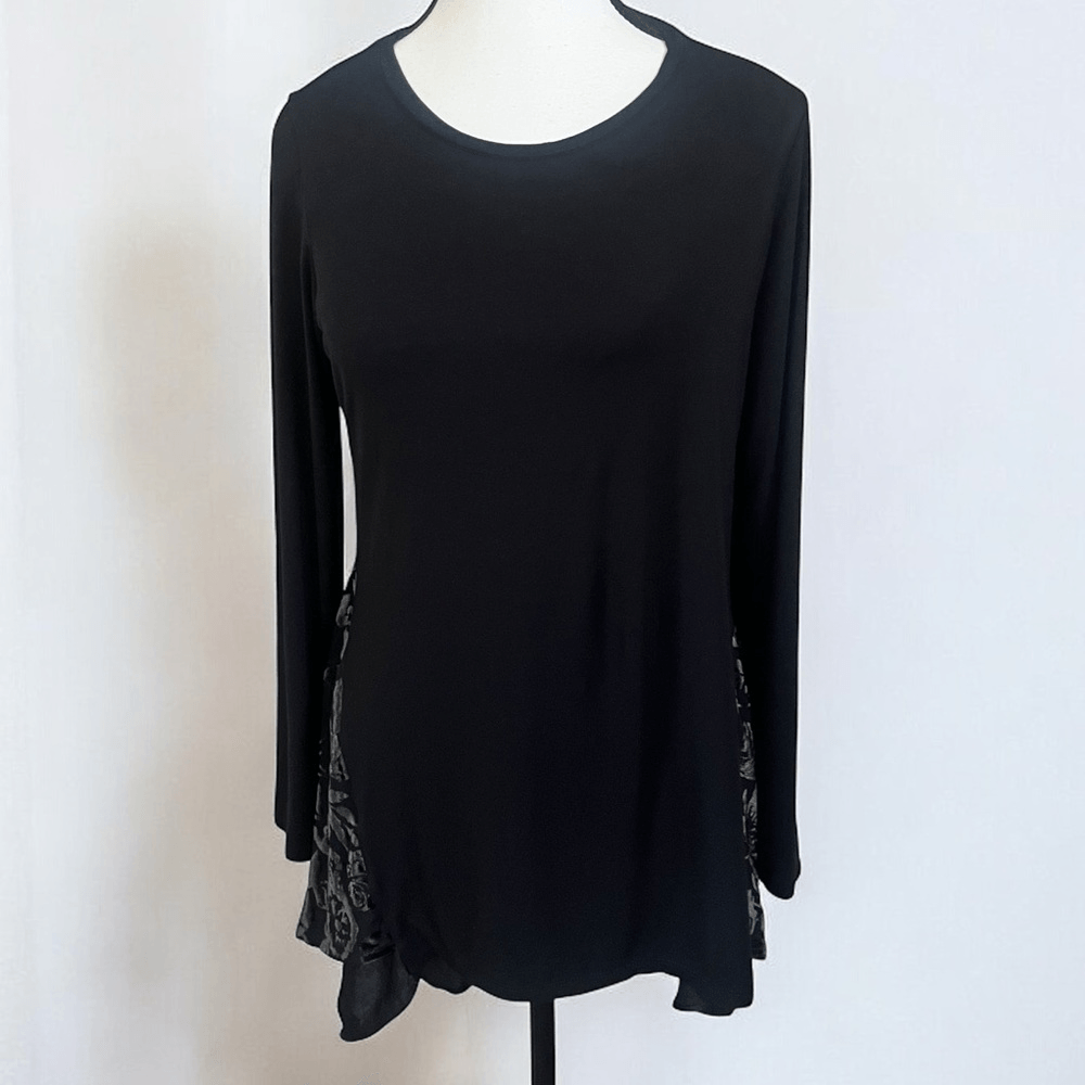 Black Logo By Lori Goldstein Rayon Long Sleeve Tunic Blouse with Burnout Velvet