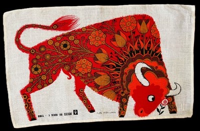 NOS Circa 60s/70s BELINDA LYON Oxfam BULL AND DAISY Tea Towel Wall Art Linen
