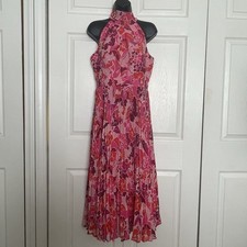 Eliza J Floral Halter Dress Women 8 Pink Pleated Skirt Bow Detail High Neck