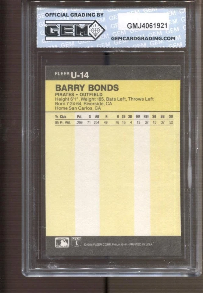 Barry Bonds Fleer 1986 actualización #U-14 gema como nueva 10 radiocontrol novato Piratas Gigantes Foto 2 de 2